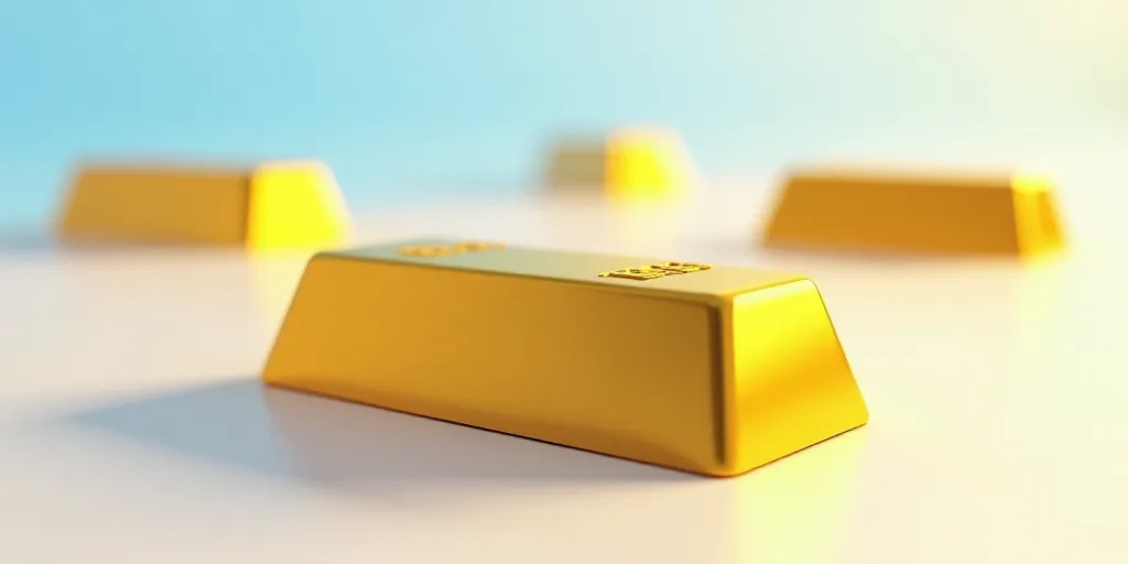 a close up of gold bars on a white background with a blue sky in the background and a few other gold
