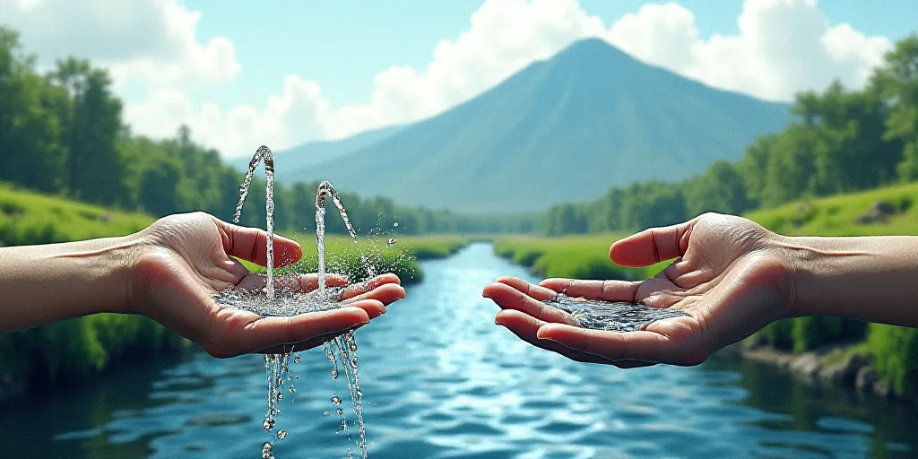 a collage of a hand holding a water source and a hand holding a water source with a mountain in the