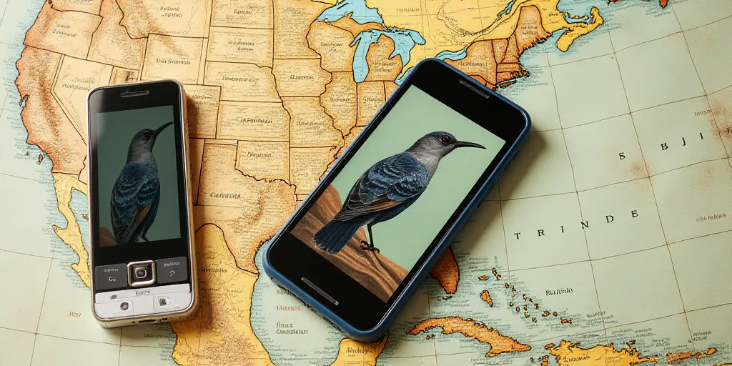 a collage of a map, a cell phone, and a cell phone with a picture of a bird on it, Eddie Mendoza, bl