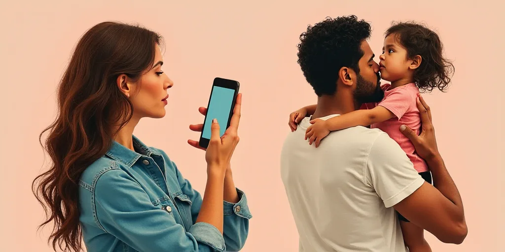 a collage of a woman holding a child and a cell phone with a man holding a child in her arms, Altich