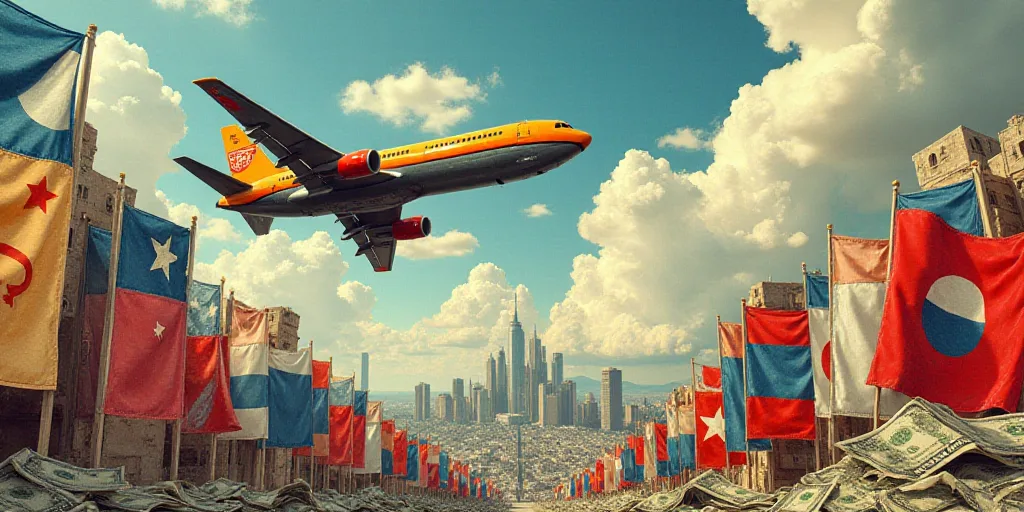 a collage of flags, money, and a plane flying over a city with a building in the background, Eddie M