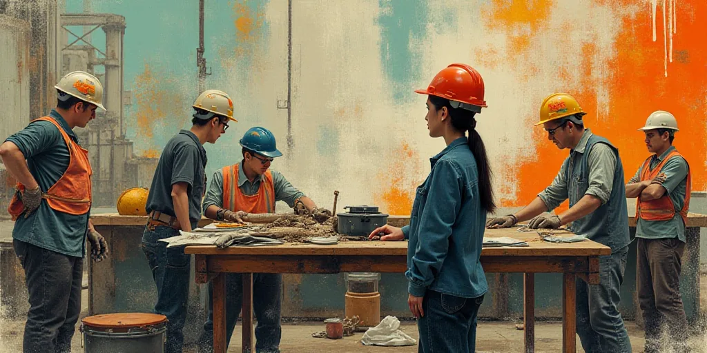 a collage of people working and working in a factory and a woman in a hard hat is standing in front