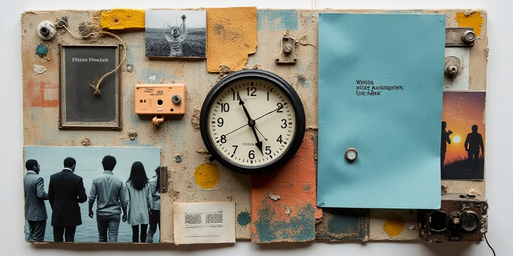a collage of photos with a clock and a blue paper with a word on it and a group of people, Edi Rama,