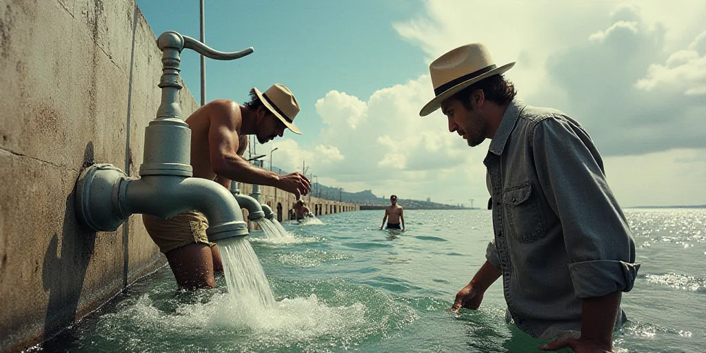 a collage of photos with a man watering water from a faucet and a man with a hat on, David LaChapell