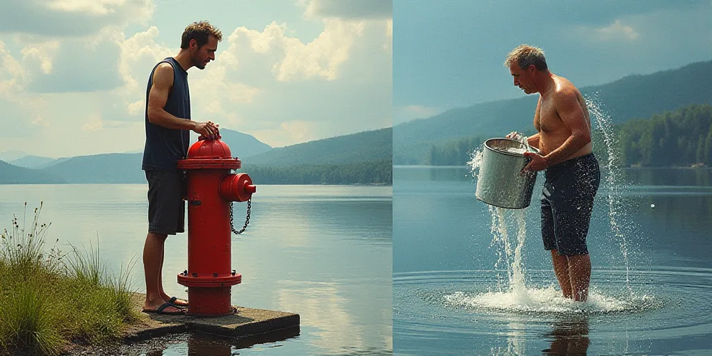 a collage of photos with a man and a fire hydrant and a man with a bucket of water, Constant Permeke