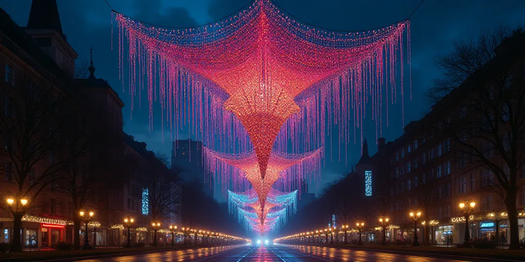 a colorful hanging decoration in a city at night time with lights on the buildings and a dark sky in