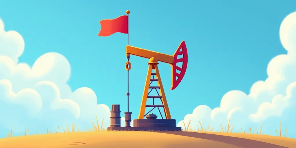 a colorful oil pump with a flag on top of it and a blue sky in the background with clouds, Dahlov Ip