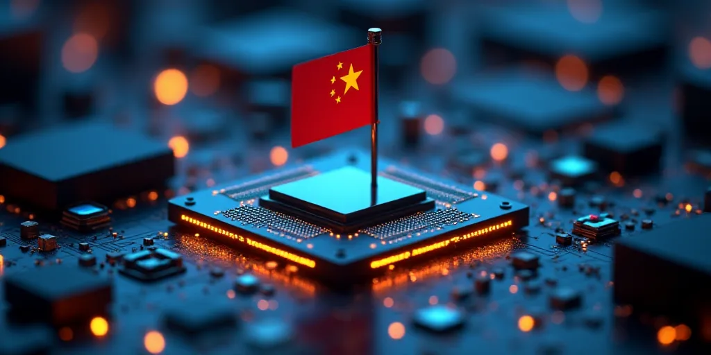a computer chip with a flag on it being sold by a pair of scissors on top of it with a computer chip