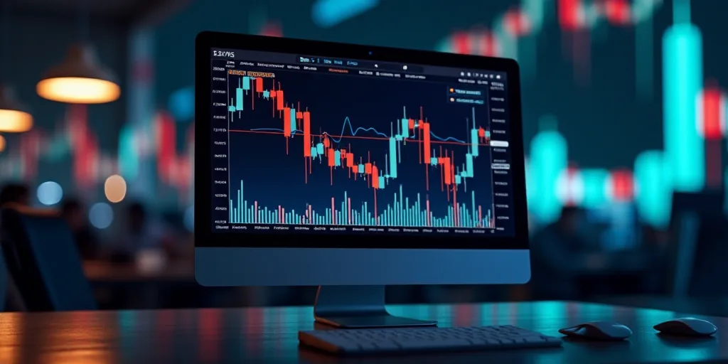 a computer screen with a flag and a stock market graph on it's screen and a stock market chart in th