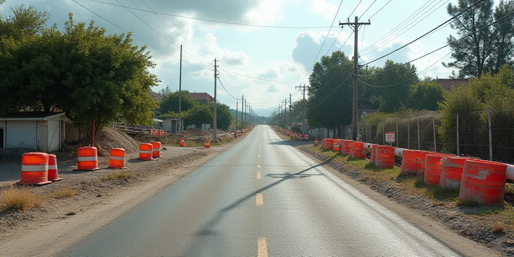 a construction site with a road closed off and construction cones on the side of the road in front o