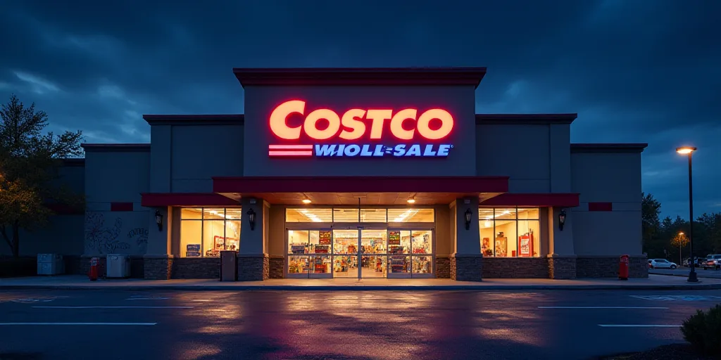 a costco store with a sign that says whole sale on it's front entrance at night time, Doug Ohlson, p