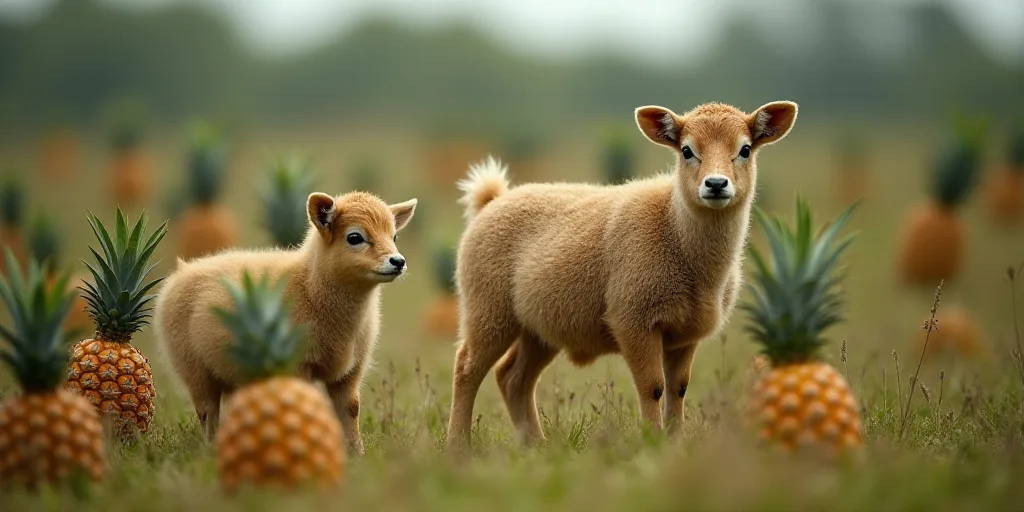 a couple of animals that are in a field of grass and plants with pineapples on the ground, Enguerran