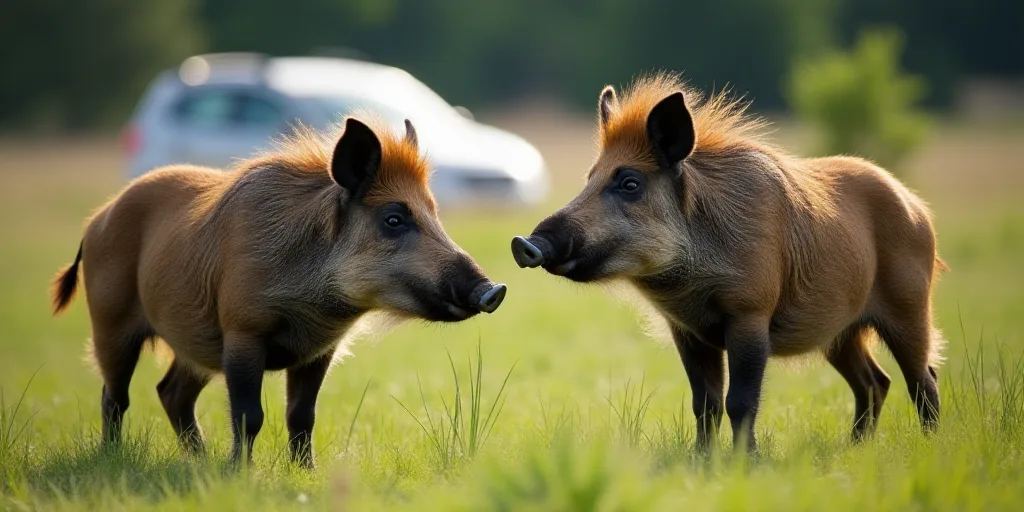 a couple of boars are standing in the grass together, looking at something in the distance with a ca