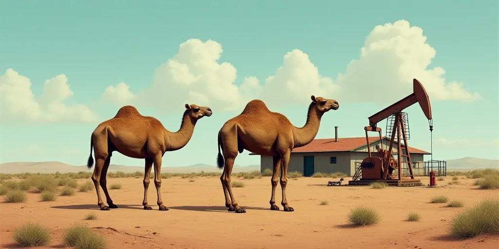 a couple of camels that are standing in the dirt near a pump jack and a building with a sky backgrou