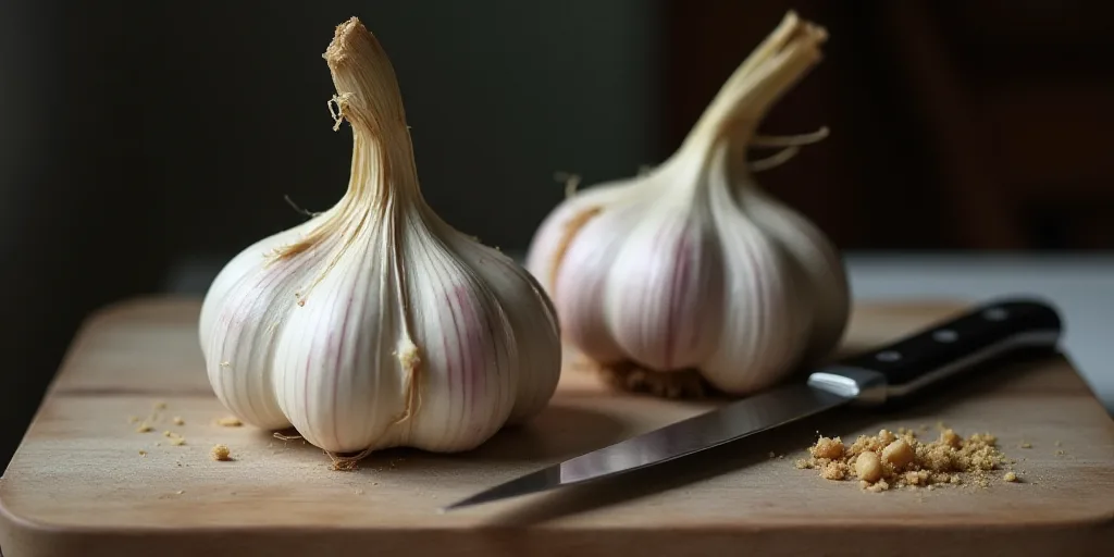 a couple of garlics sitting on top of a table next to each other on a table top with a knife, Clovis