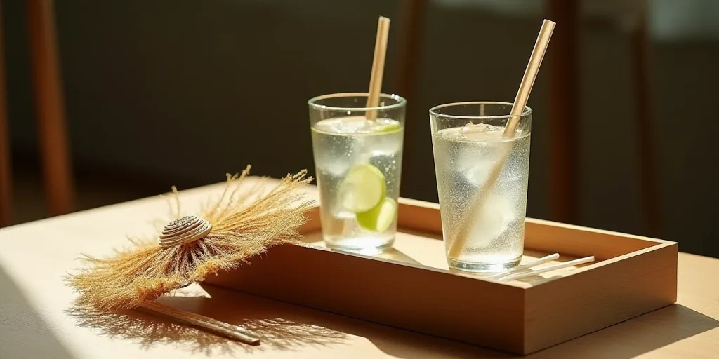 a couple of glasses sitting inside of wooden boxes on a table with straws around them and a straw fa