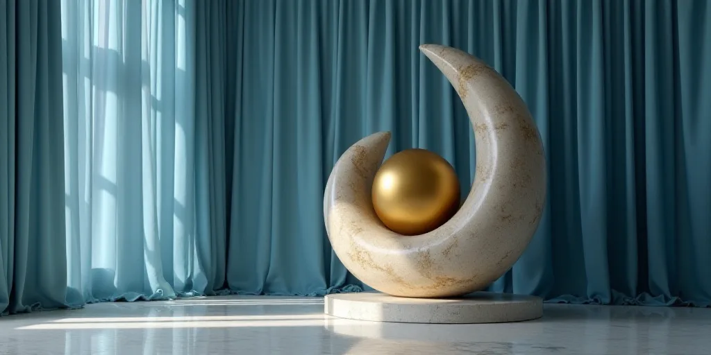 a couple of golden globes sitting on top of a table next to a blue curtained wall with a sign, Avgus
