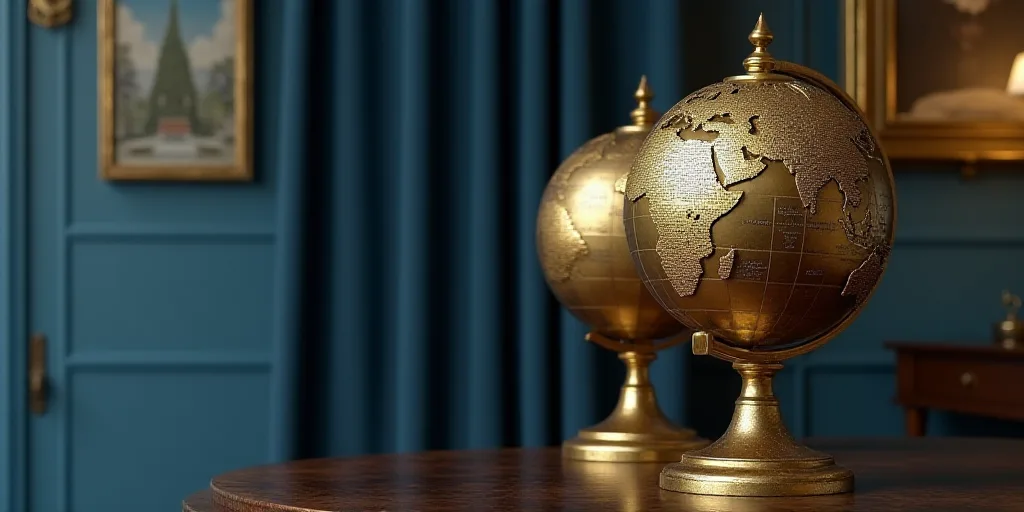 a couple of golden globes sitting on top of a table next to a blue curtained wall with a sign, Edwar