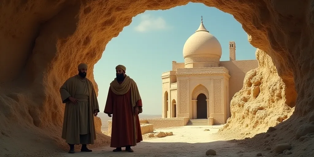 a couple of men standing in a cave like area with a building in the background and a sky background,