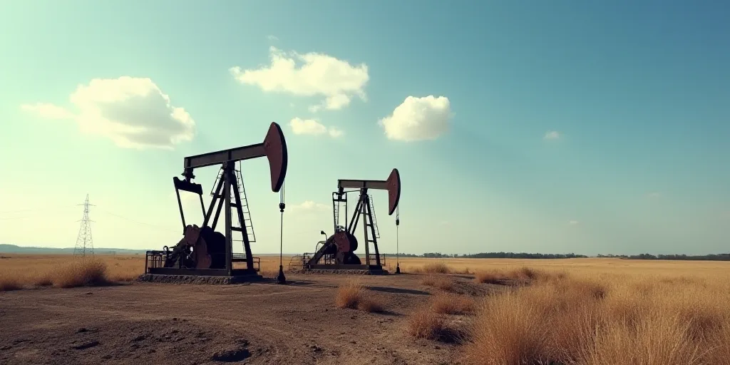 a couple of oil pumps sitting on top of a dirt field next to a sky background with a few clouds, And