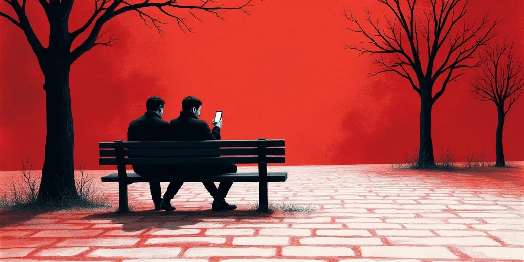 a couple of people sitting on a bench looking at their cell phones together in a park with red and w