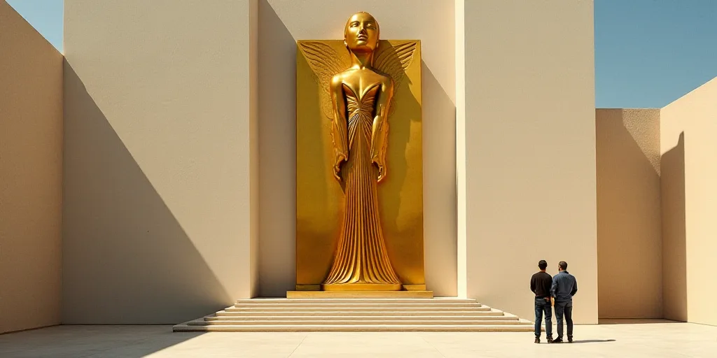 a couple of people standing next to a golden sculpture on a building wall with a staircase leading u