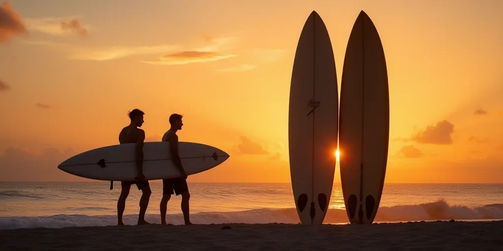 a couple of people standing next to some very large surfboards at sunset or dawn or dawn or dawn, An