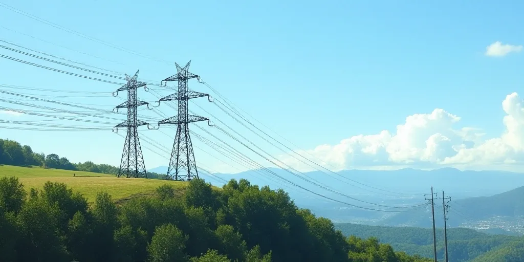 a couple of power lines sitting above a hill side with trees in the background and a blue sky in the