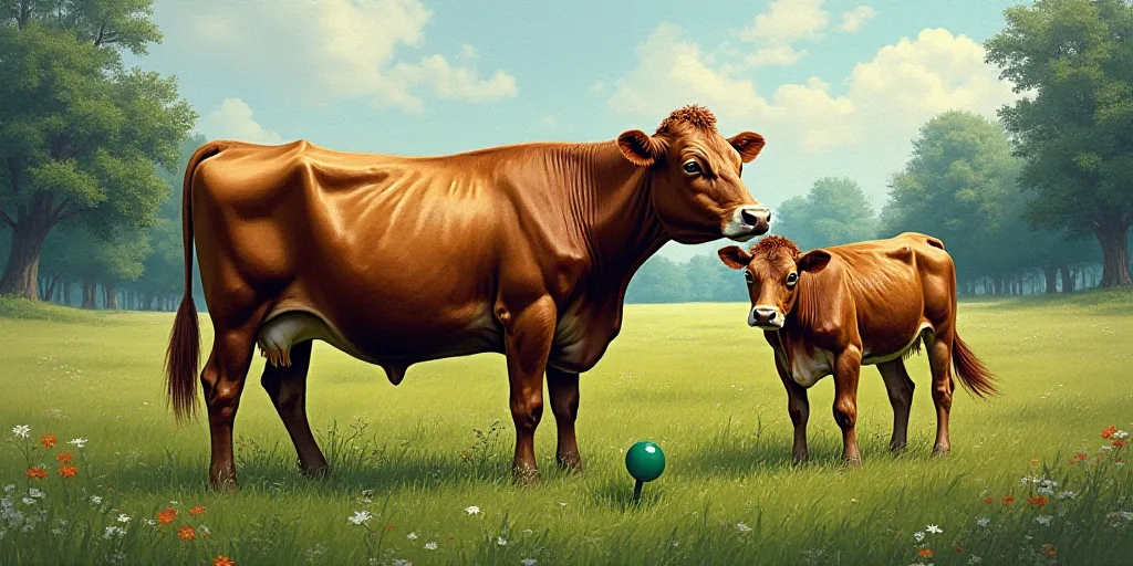 a cow and a calf are standing next to each other in a field of grass and trees, with a green marker