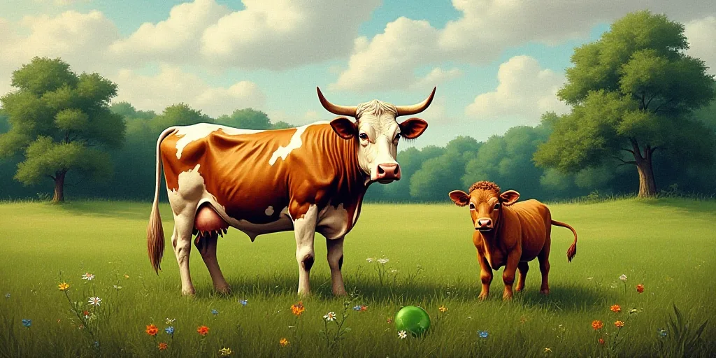 a cow and a calf are standing next to each other in a field of grass and trees, with a green marker