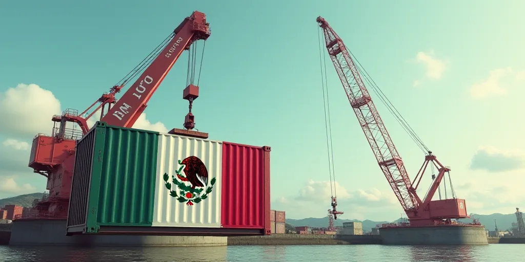 a crane is holding a container with the flag of mexico on it's side and a crane is holding the flag