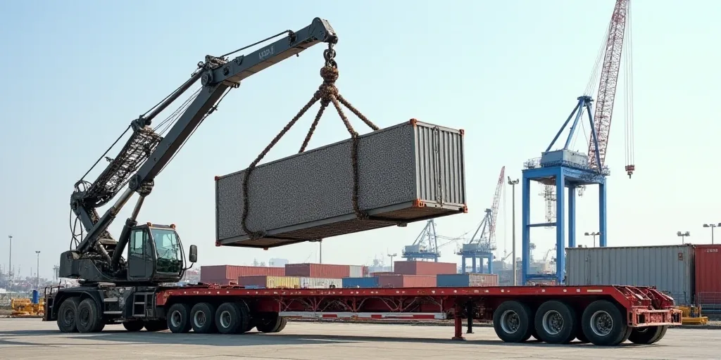 a crane is lifting a container onto a truck bed in a shipping yard with a crane in the background, A