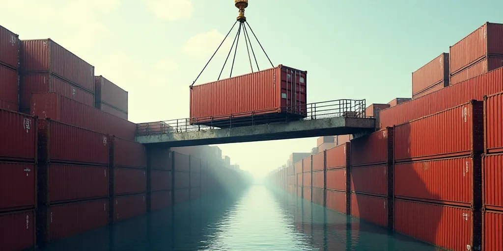a crane is lifting a large container onto a bridge over a river of containers that are stacked high