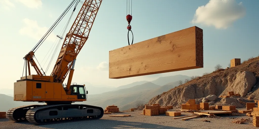a crane is lifting a large piece of wood into the air at a construction site with a crane in the for