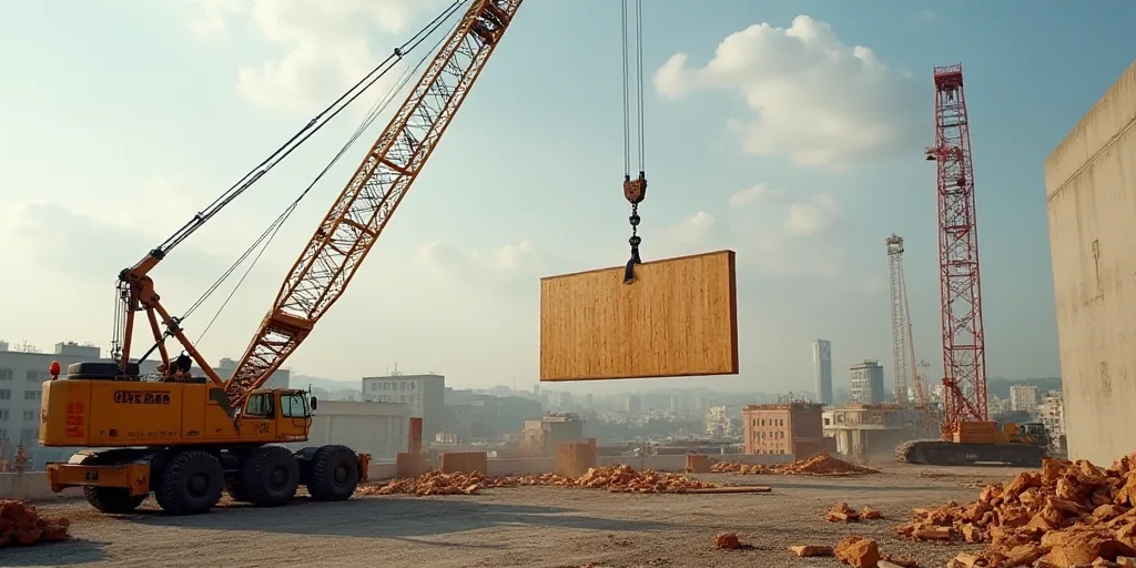 a crane is lifting a large piece of wood into the air at a construction site with a crane in the for