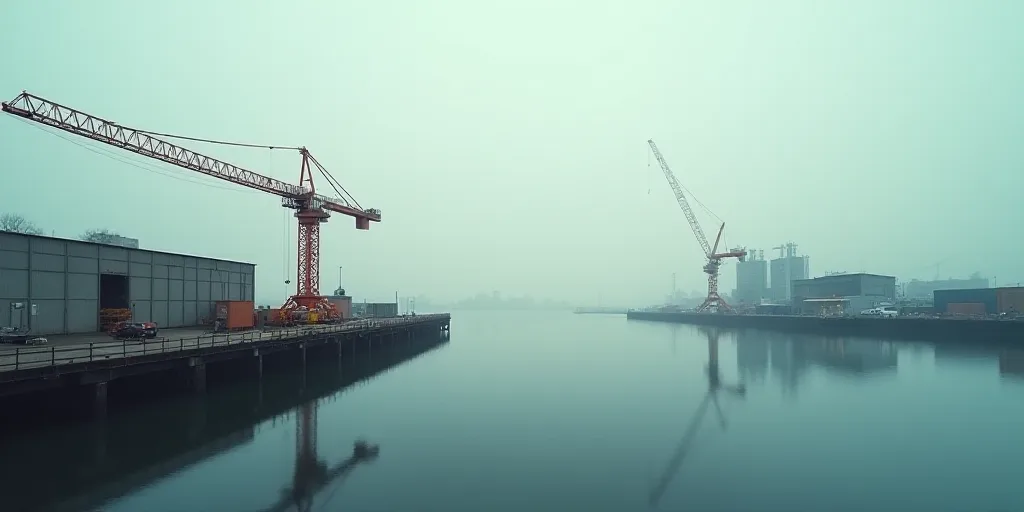 a crane is on a dock in the water near a construction site and a crane is on the other side of the d