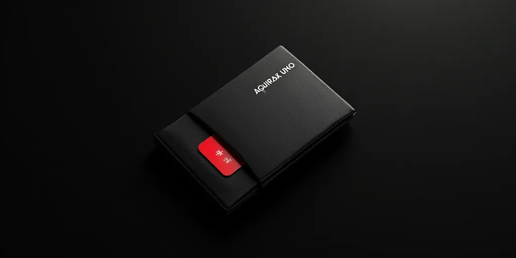 a credit card is attached to a black wallet with a red and white logo on it and a black background,