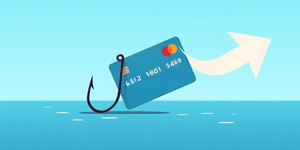 a credit card with a fishing hook on it's side and a blue sky in the background with a white arrow,