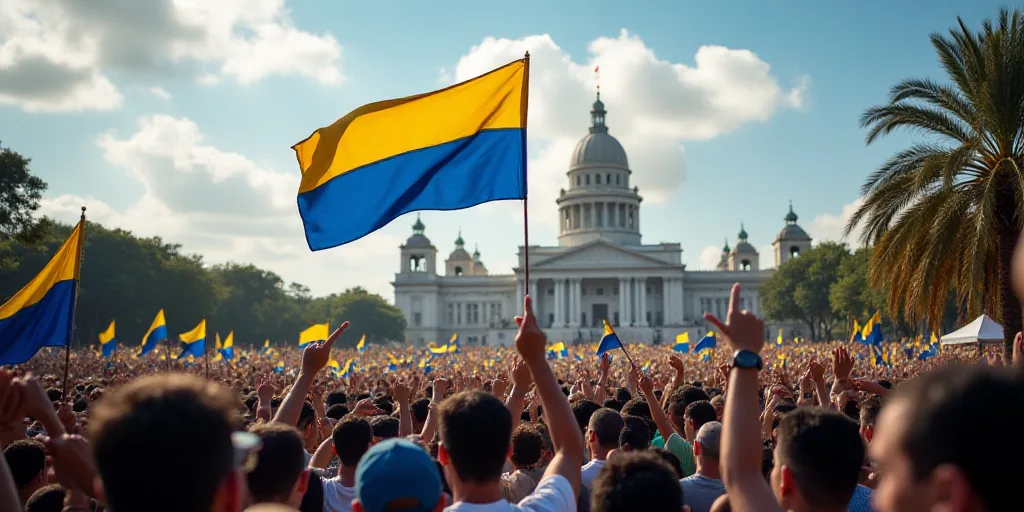 a crowd of people holding a flag and waving a flag on a pole in the sky above them is a building, Fe
