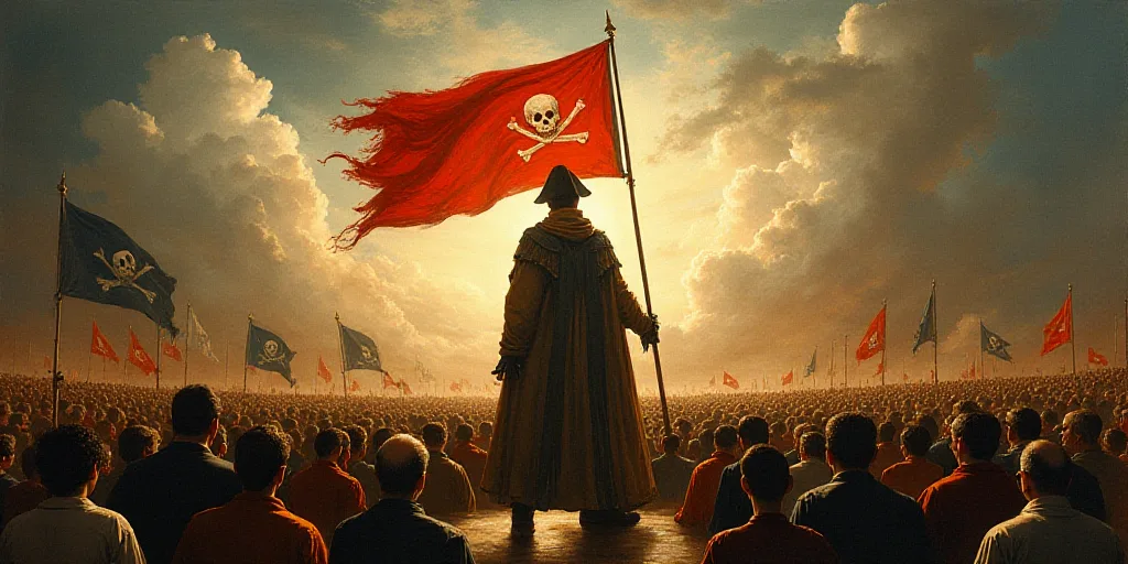 a crowd of people standing around a stage with a flag on it's head and a pirate flag on the back of