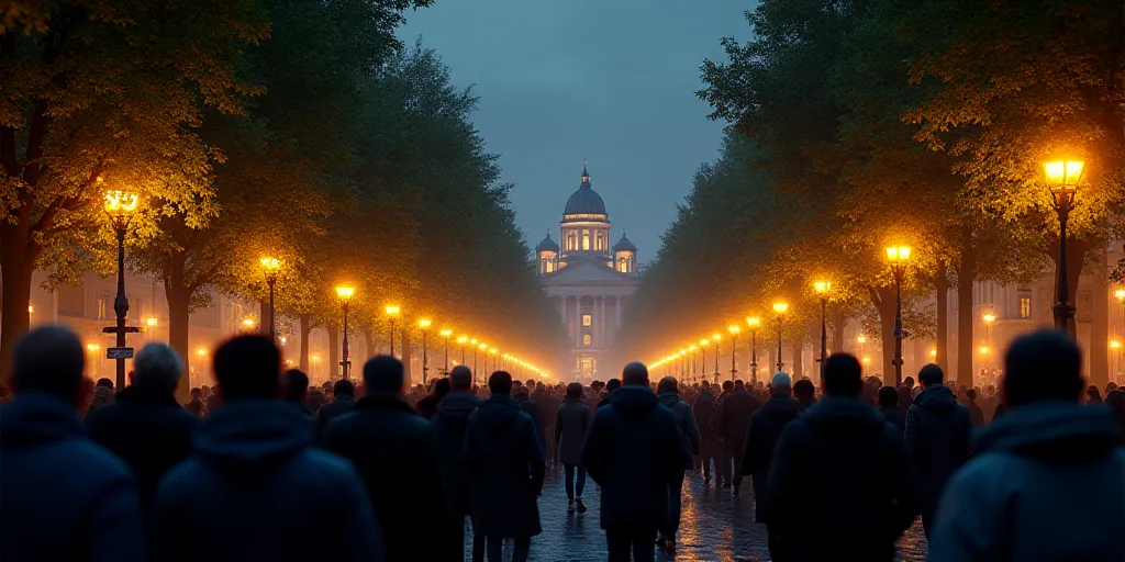 a crowd of people walking down a street at night time with lights on and trees lining the street and