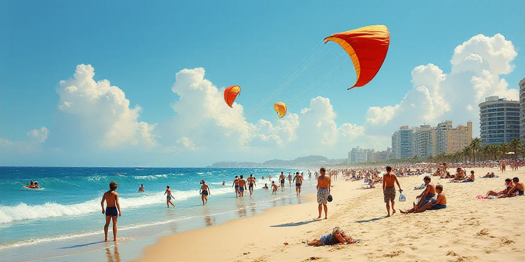 a crowded beach with people in the water and in the air with large kites flying above them and build