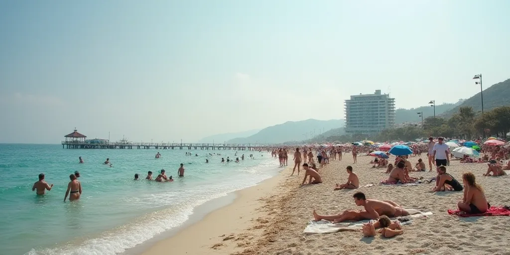 a crowded beach with people sitting and standing in the water and a hotel in the background with a p