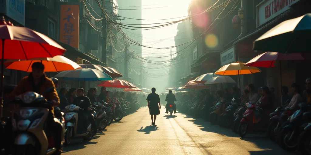 a crowded street with lots of people and umbrellas over them and a lot of bikes and motorcycles park