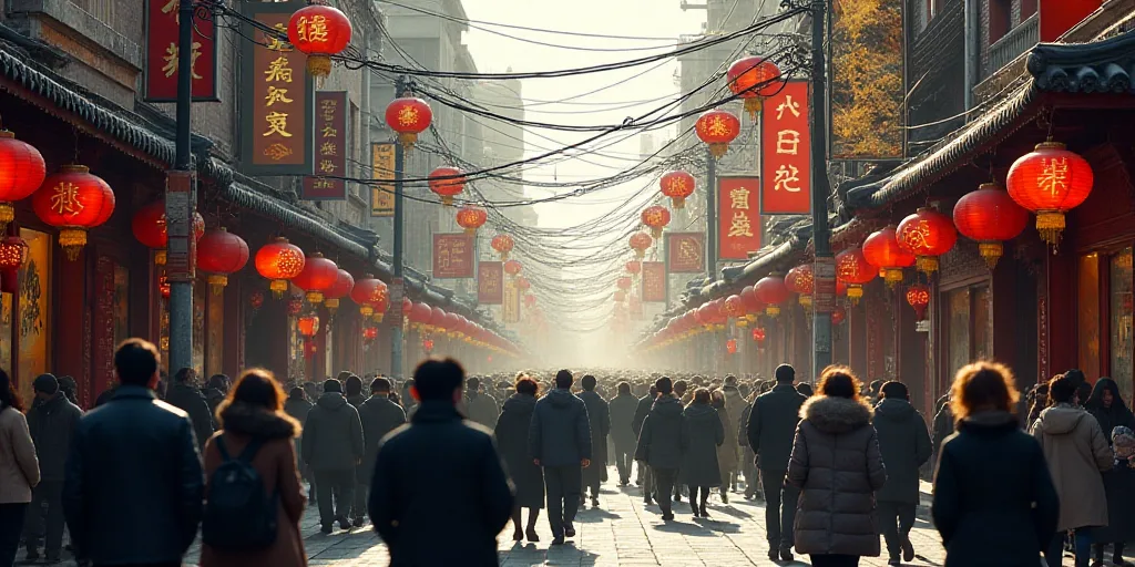 a crowded street with many people walking down it and many signs above them that say chinese charact