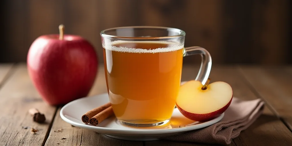 a cup of apple cider with cinnamon and an apple slice on a napkin next to it on a wooden table, Bál