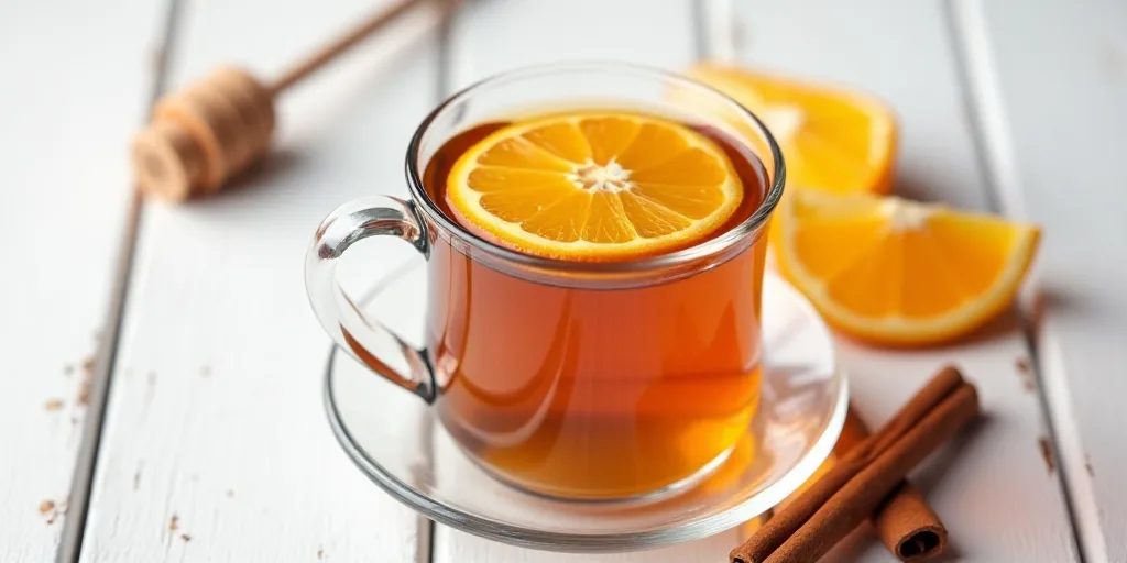 a cup of tea with orange slices and cinnamon on a white wooden table with a honey stick and cinnamon