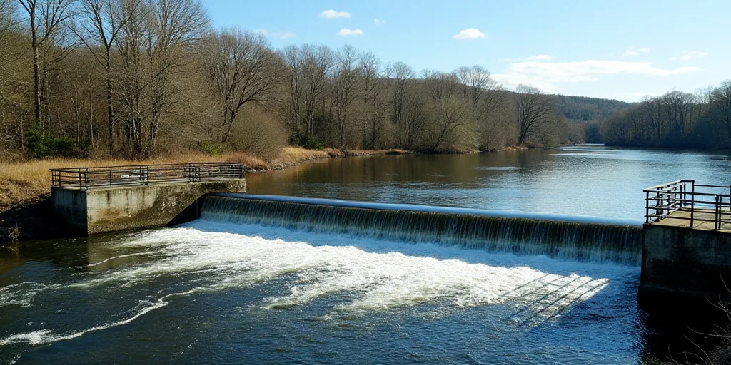 a dam with water coming out of it and a fence around it and trees in the background and a blue sky,