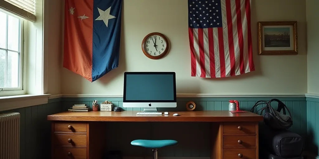 a desk with a computer and flags hanging on it's wall and a clock on the wall behind it, Brenda Cham