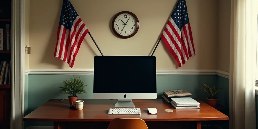 a desk with a computer and flags hanging on it's wall and a clock on the wall behind it, Brenda Cham